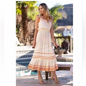 Blue Island Womens👩🏻S Tiered Maxi Boho🏖️Cover Up Tie Tassels Orange Ric Rac